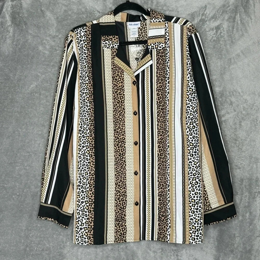 Vicki Wayne 22W 2X Shirt Top Brown‎ Animal Print Button Up Long Sleeve V Neck